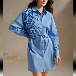Elegant French Style Loose Unique Pleated Floral Long Sleeve Shirt Dress